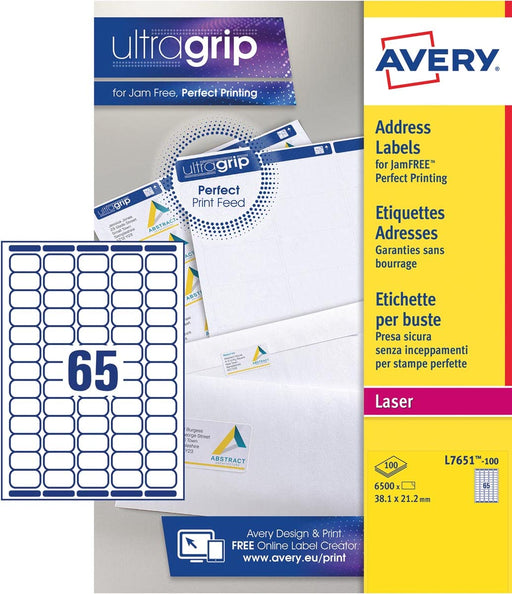 Avery UltraGrip Mini Address Labels L7651-100 Self Adhesive 38.1 x 21.2 mm White Rectangular 100 Sheets of 65 Labels