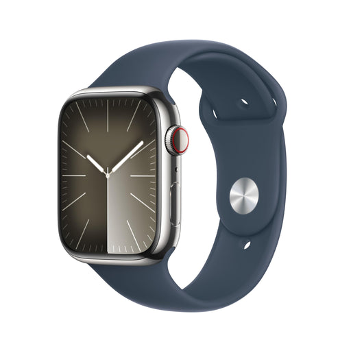 Apple Watch Series 9 (GPS + Cellular) - 45 mm - silver stainless steel - smart watch with sport band - fluoroelastomer - storm blue - band size: S/M - 64 GB - Wi-Fi, LTE, UWB, Bluetooth - 4G - 51.5 g