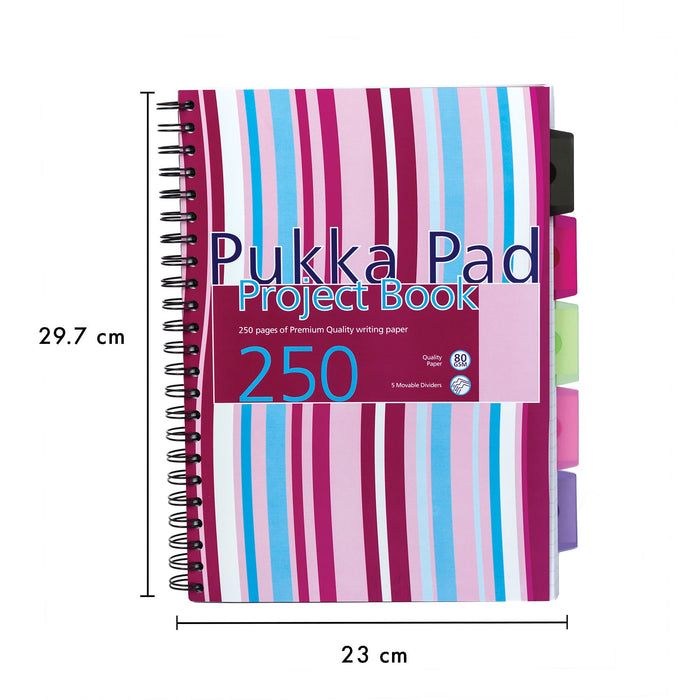 Pukka Pad Project Book Stripes A4 Ruled Spiral Bound PP (Polypropylene) Hardback Assorted Perforated 250 Pages Pack of 3