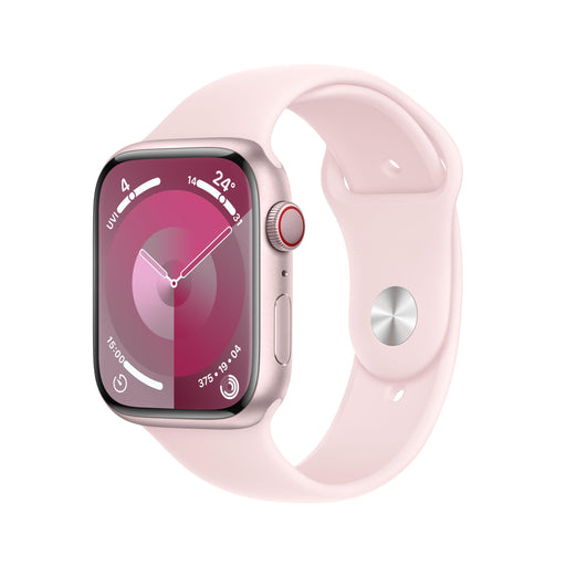 Apple Watch Series 9 (GPS + Cellular) - 45 mm - pink aluminum - smart watch with sport band - fluoroelastomer - light pink - band size: S/M - 64 GB - Wi-Fi, LTE, UWB, Bluetooth - 4G - 39 g