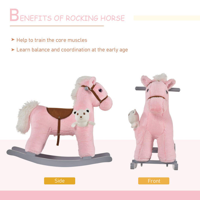 HOMCOM Kids Plush Ride-On Rocking Horse with Plush Toy Animal Sounds Pink