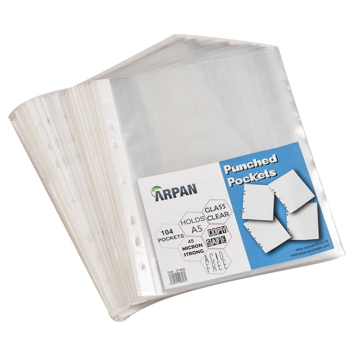 ARPAN Punched Pockets A5 Clear Transparent 45 Microns Polypropylene ST-9606 7 Holes Pack of 104