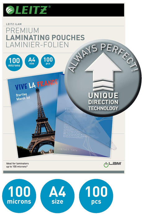 Leitz iLAM Premium Laminating Pouches A4 Glossy 100 microns (2 x 100) Transparent Pack of 100