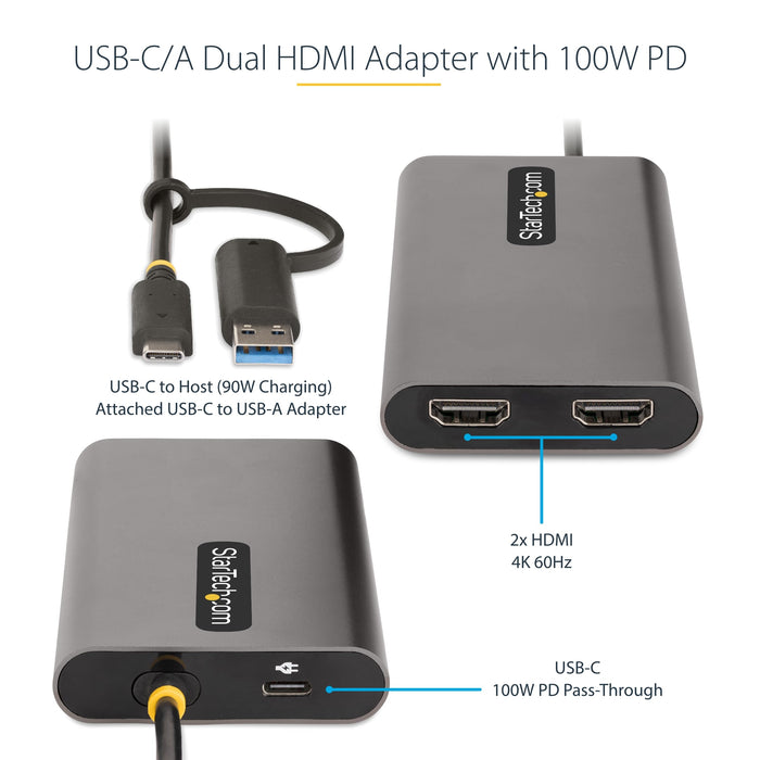 StarTech.com USB-C to Dual-HDMI Adapter USB-C or A to 2x HDMI 4K 60Hz 100W Power Delivery Pass-Through