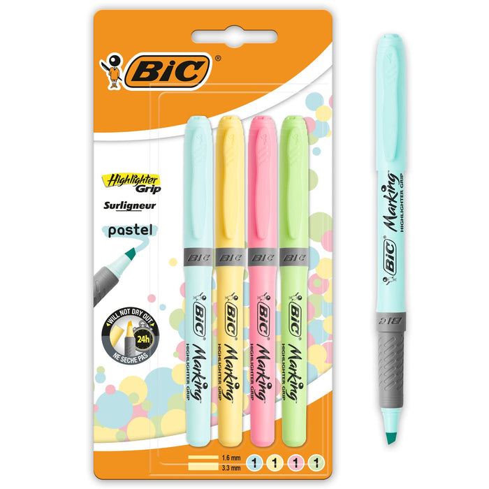 BIC Grip Highlighter Assorted Pastel Medium Chisel 1.6-3.3 mm Pack of 4