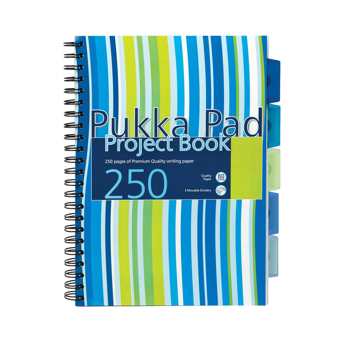 Pukka Pad Project Book Stripes A4 Ruled Spiral Bound PP (Polypropylene) Hardback Assorted Perforated 250 Pages Pack of 3