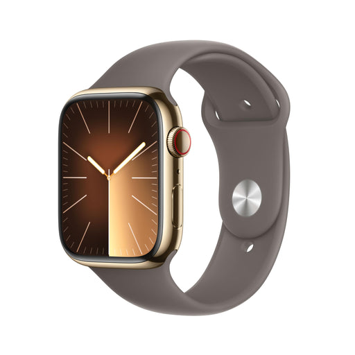 Apple Watch Series 9 (GPS + Cellular) - 45 mm - gold stainless steel - smart watch with sport band - fluoroelastomer - clay - band size: S/M - 64 GB - Wi-Fi, LTE, UWB, Bluetooth - 4G - 51.5 g