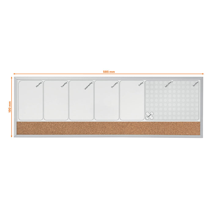 Nobo Small Wall Mountable Magnetic Whiteboard Weekly Planner 1903780 Lacquered Steel, Cork 585 x 190 mm White, Brown