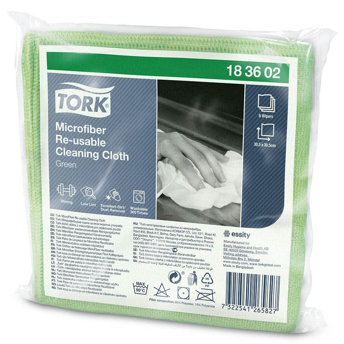 Tork Microfiber Reusable Cleaning Cloth Green Dry and Wet Use 183602 Pack of 6