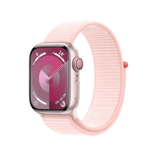 Apple Watch Series 9 (GPS + Cellular) - 41 mm - pink aluminum - smart watch with sport loop - soft double-layer nylon - light pink - 64 GB - Wi-Fi, LTE, UWB, Bluetooth - 4G - 32.1 g