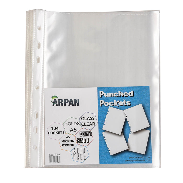 ARPAN Punched Pockets A5 Clear Transparent 45 Microns Polypropylene ST-9606 7 Holes Pack of 104