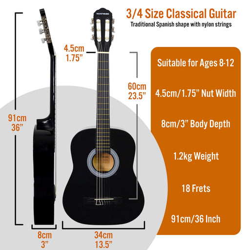 3rd Avenue Classical Guitar Rocket Series Black 3/4 Size Set