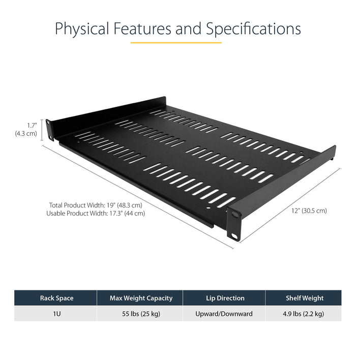 StarTech.com 1U Vented Server Rack Shelf Mount Cantilever Tray for 19 Inch Network Equipment Maximum Weight 25kg