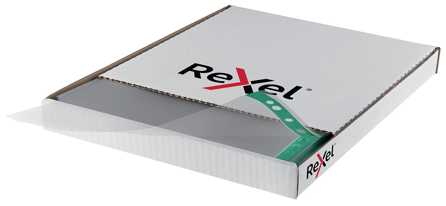 Rexel Punched Pockets A4 Green, Transparent 90 microns Polypropylene Up 11 Holes 12265 Pack of 100