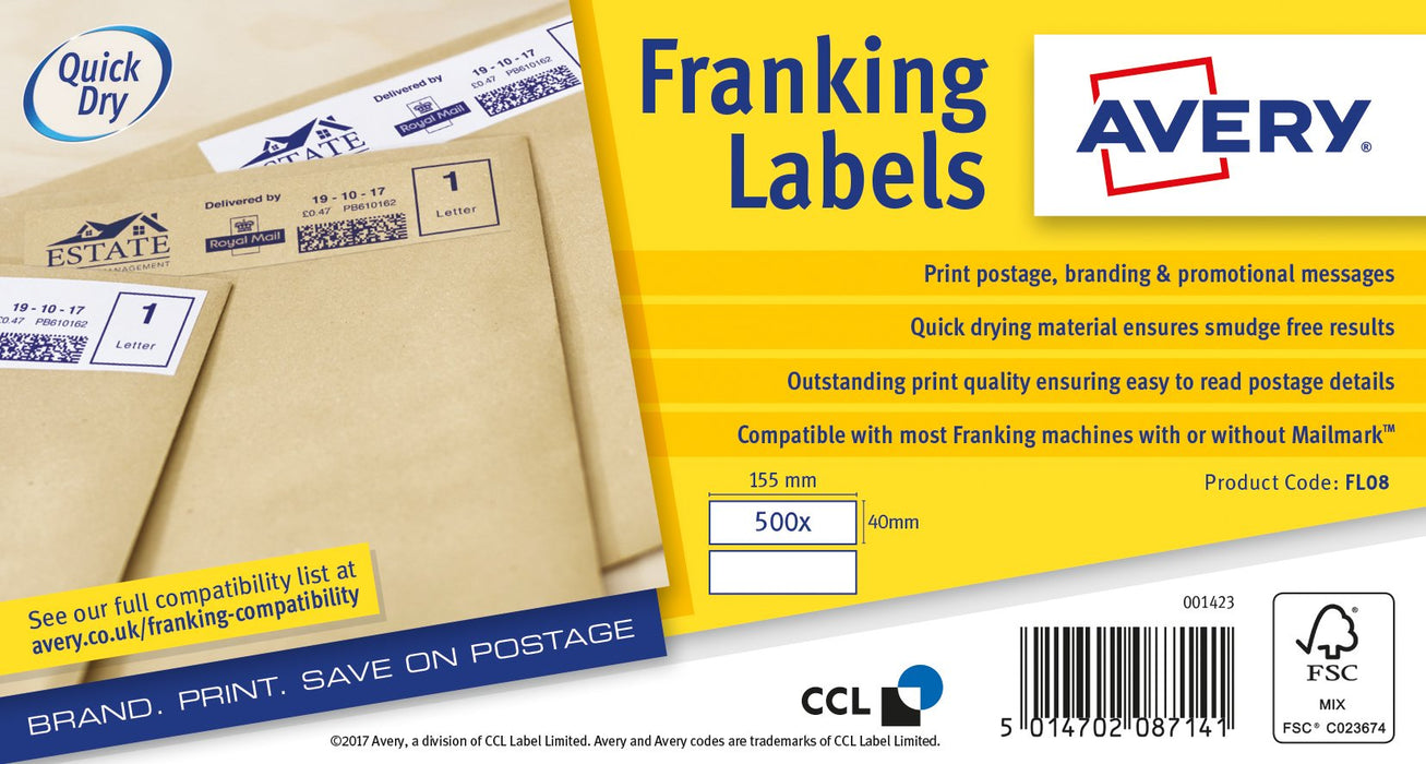 Avery FL08 Franking Labels Self Adhesive 155 x 40 mm White 500 Sheets of 2 Labels