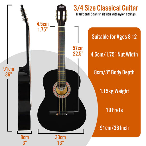 3rd Avenue Classical Guitar Black 3/4 Size