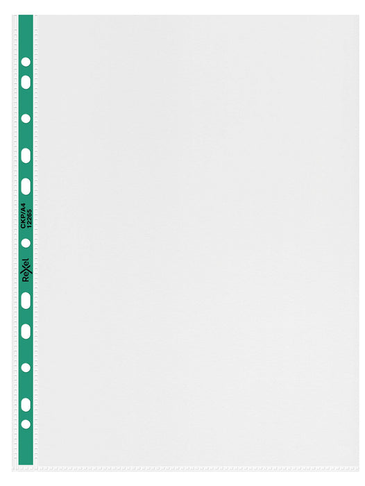 Rexel Punched Pockets A4 Green, Transparent 90 microns Polypropylene Up 11 Holes 12265 Pack of 100