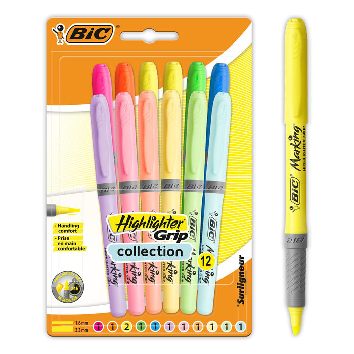 BIC Grip Highlighter Assorted Bright & Pastel Medium Chisel Pack of 12