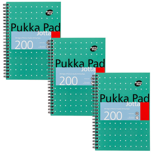 Pukka Pad Notebook Metallic Jotta A5 Ruled Spiral Bound Cardboard Hardback Green Perforated 200 Pages Pack of 3