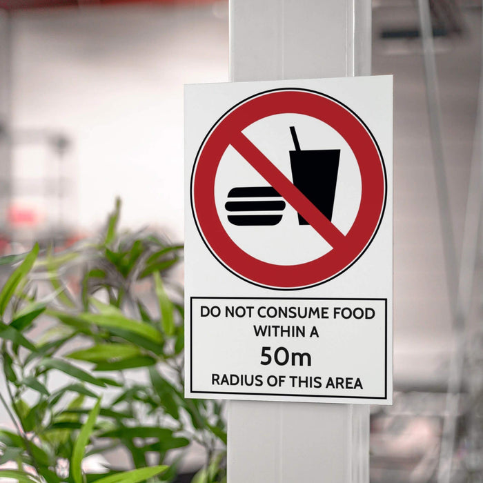 Trodat Health and Safety Sign Do not consume food within a 50 m radius of this area Aluminium 20 x 30 cm