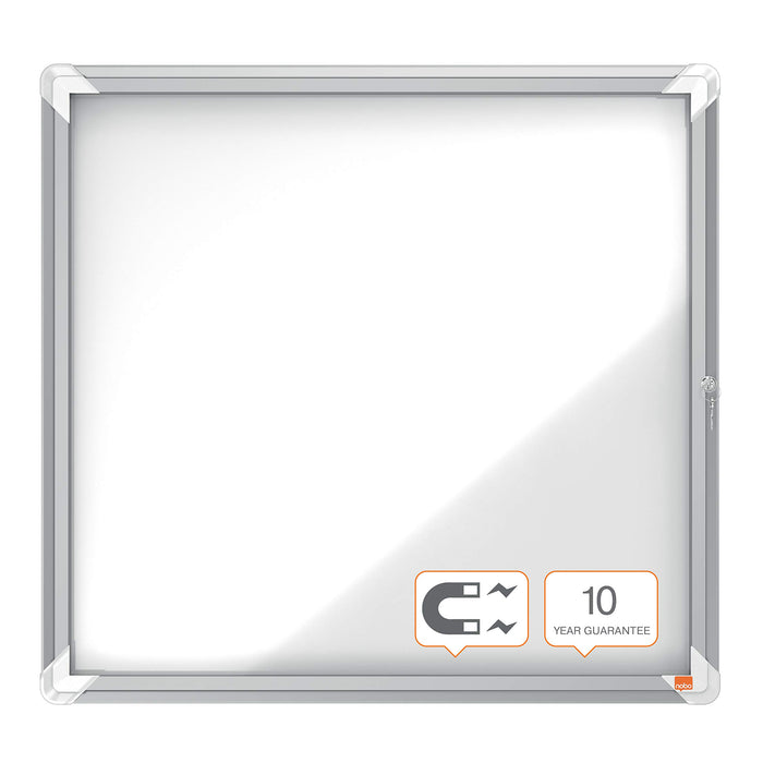 Nobo Premium Plus Wall Mountable Indoor Magnetic Lockable Notice Board 1902558 Aluminium Frame Hinged Safety Glass Door 6xA4 White 709 x 668 mm