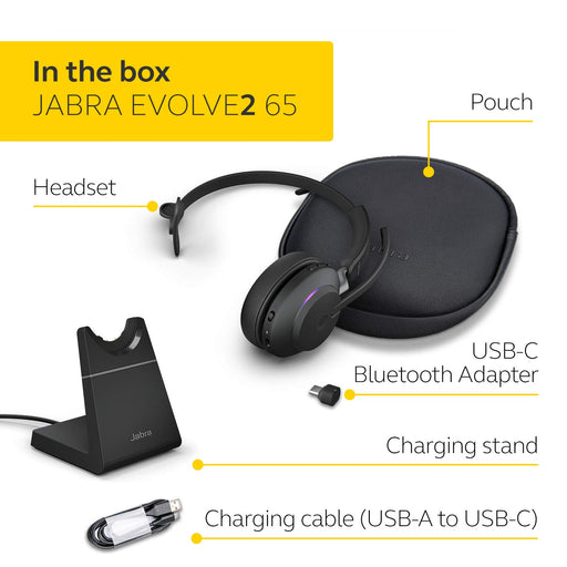 Jabra Evolve2 65 MS Mono - Headset - on-ear - convertible - Bluetooth - wireless - USB-C - noise isolating - black - with charging stand - Certified for Microsoft Teams