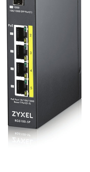 Zyxel RGS100-5P - Switch - unmanaged - 4 x 10/100/1000 (PoE+) + 1 x Fast Ethernet/Gigabit SFP - rack-mountable, DIN rail mountable - PoE+ (120 W) - DC power