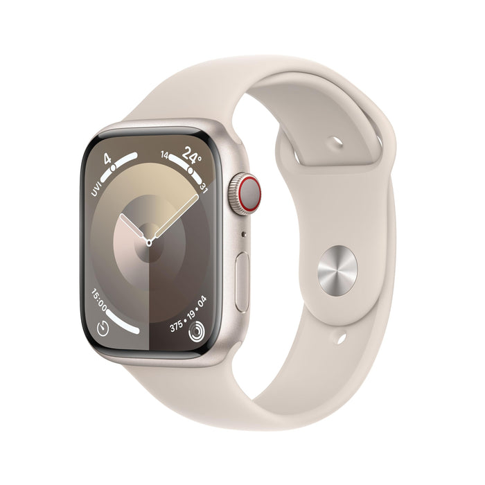 Apple Watch Series 9 (GPS + Cellular) - 45 mm - starlight aluminium - smart watch with sport band - fluoroelastomer - starlight - band size: S/M - 64 GB - Wi-Fi, LTE, UWB, Bluetooth - 4G - 39 g