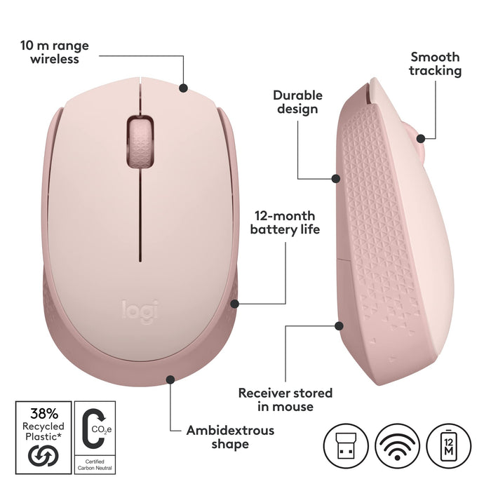 Logitech M171 1000 DPI Ambidextrous RF Wireless Optical Mouse Rose Pink