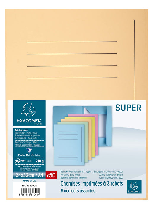 Exacompta 3 Flap Folder 235000E A4 Assorted Cardboard 24 x 32 cm Pack of 50