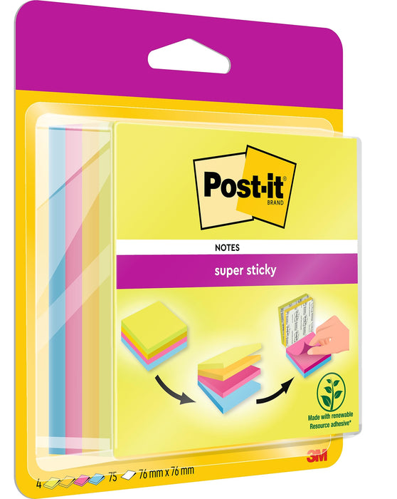 Post-it Super Sticky Notes Cube 76 x 76 mm Neon Assorted Colours 75 sheets