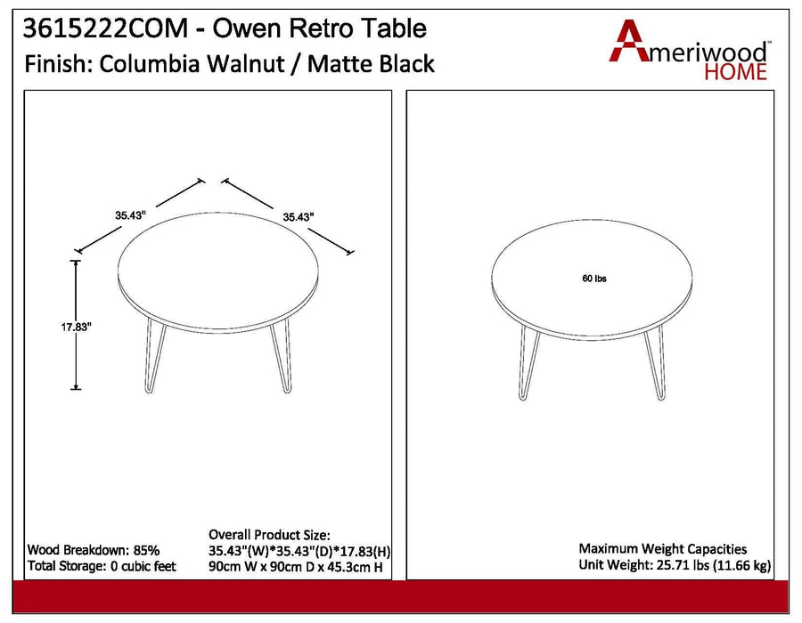 DOREL HOME Owen Retro Non Height Adjustable Table 3615222COMUK Walnut PB; Paper Wrap; Powder Coating; Metal Black 900.00 (W) x 900.00 (D) x 453.00 (H) x 453 - 453 (H) mm