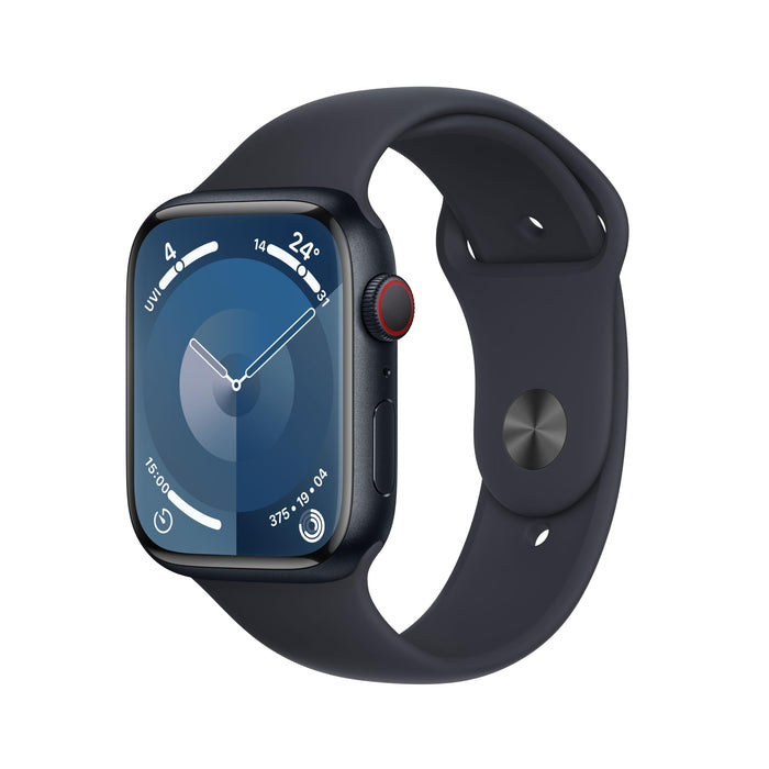 Apple Watch Series 9 (GPS + Cellular) - 45 mm - midnight aluminium - smart watch with sport band - fluoroelastomer - midnight - band size: M/L - 64 GB - Wi-Fi, LTE, UWB, Bluetooth - 4G - 39 g