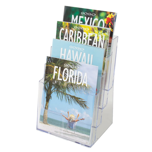 Deflecto 4 Tier 4 Pocket A4 Portrait Slanted Free Standing or Wall Mounted Literature Display Holder Crystal Clear - 77441