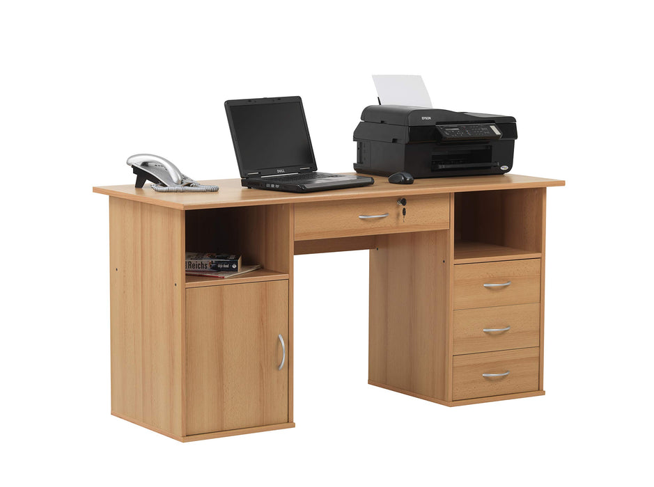 Alphason Rectangular Desk with Beech Coloured Melamine Top and 4 Lockable Drawers Dallas 1450 x 600 x 740mm