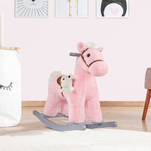 HOMCOM Kids Plush Ride-On Rocking Horse with Plush Toy Animal Sounds Pink