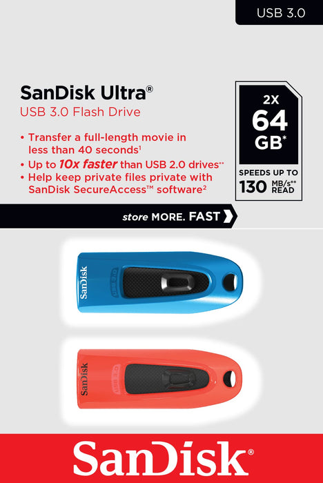 SanDisk Ultra 64GB USB 3.0 Flash Drive Twin Pack Blue and Red