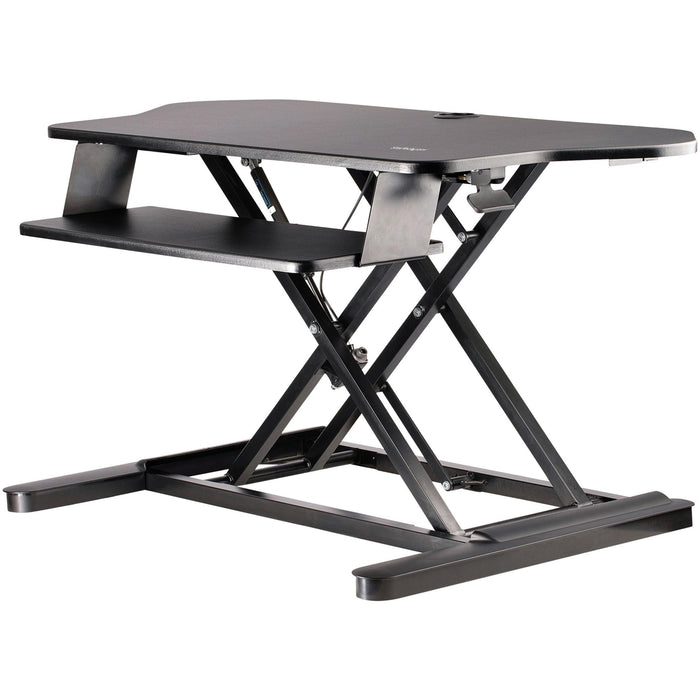 StarTech.com Height Adjustable Ergonomic Corner Sit Stand Desk Converter with Keyboard Tray 35 x 21 Inches Large Surface