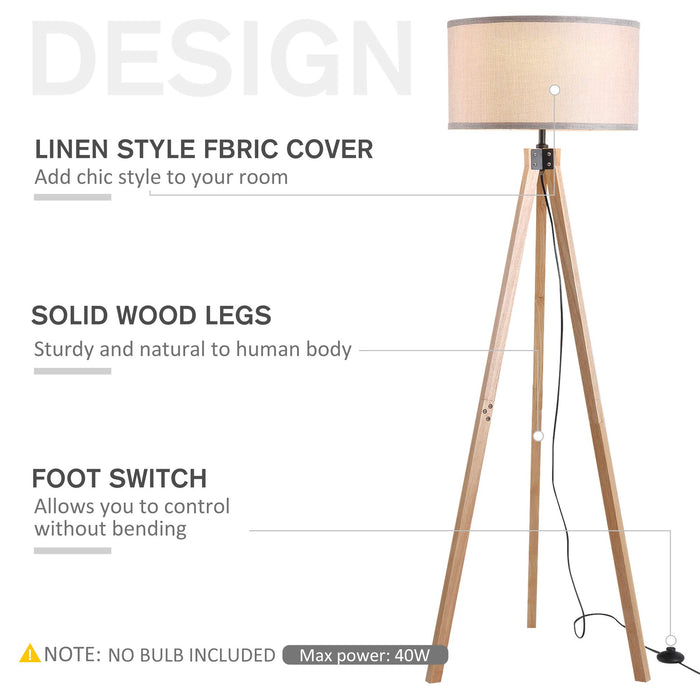 HOMCOM Wood Tripod Floor Lamp Home Lighting Elegant E27 Bulb Linen Lamp Shade Beige