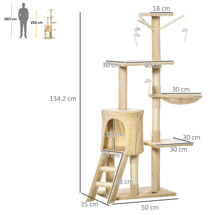 PawHut Cat Tree Beige, White 350 mm x 500 mm x 1310 mm