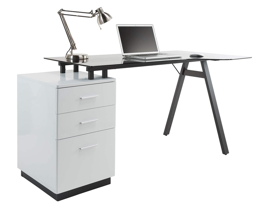 Alphason Cleveland 4 Rectangular Desk with 3 Drawer Pedestal Smoked Glass Top 1510 x 800 x 750 mm White, Grey