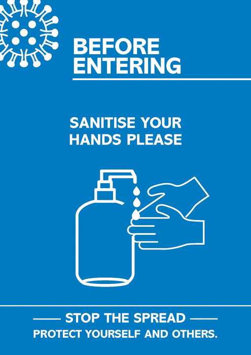 Seco Health & Safety Poster Before entering, sanitise your hands Semi-Rigid Plastic Blue, White 21 x 29.7 cm