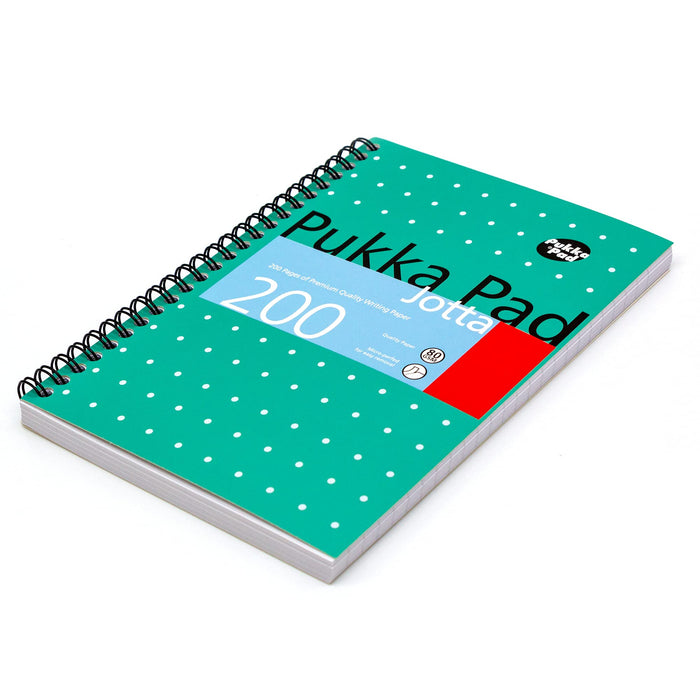 Pukka Pad Notebook Metallic Jotta A5 Ruled Spiral Bound Cardboard Hardback Green Perforated 200 Pages Pack of 3