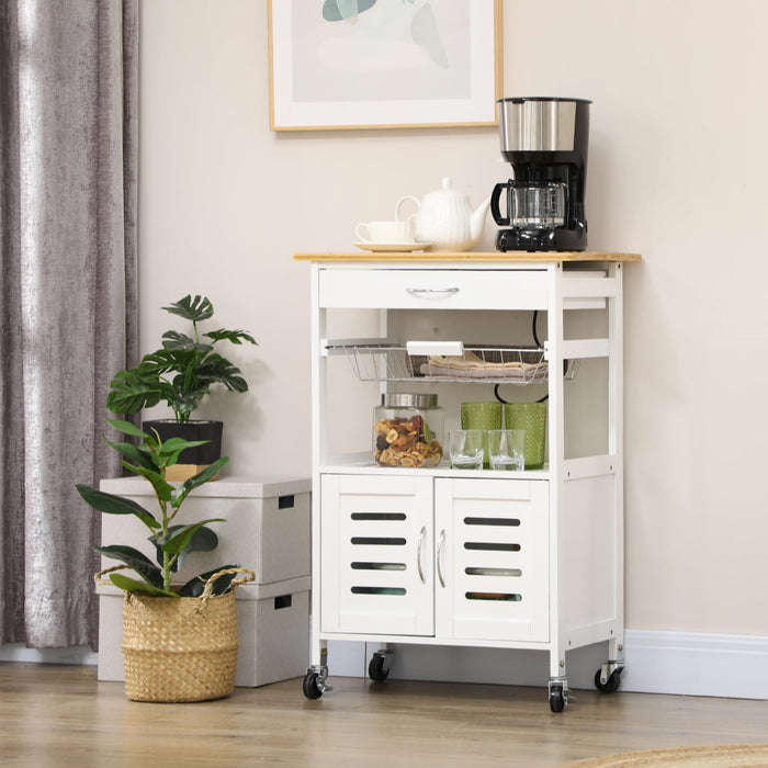 HOMCOM Kitchen Cart Bamboo, MDF (Medium-Density Fibreboard), Steel White 370 x 580 x 830 mm