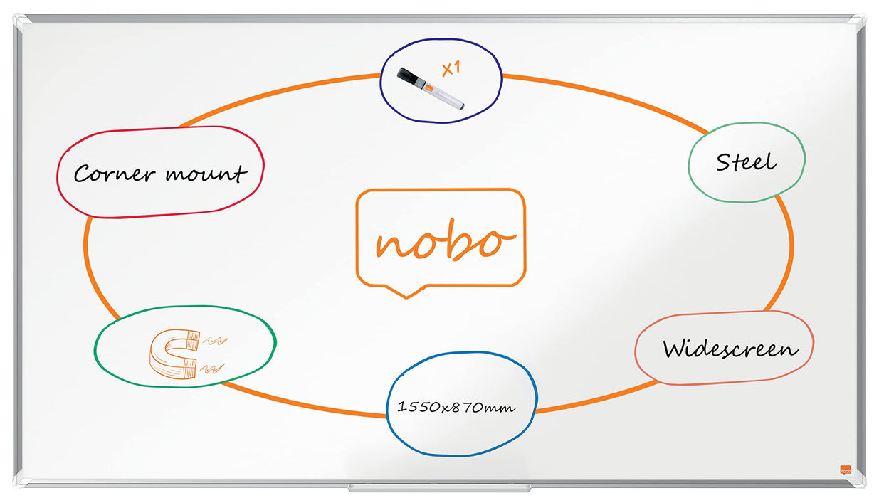 Nobo Premium Plus Widescreen Whiteboard 1915373 Wall Mounted Magnetic Lacquered Steel 155 x 87 cm