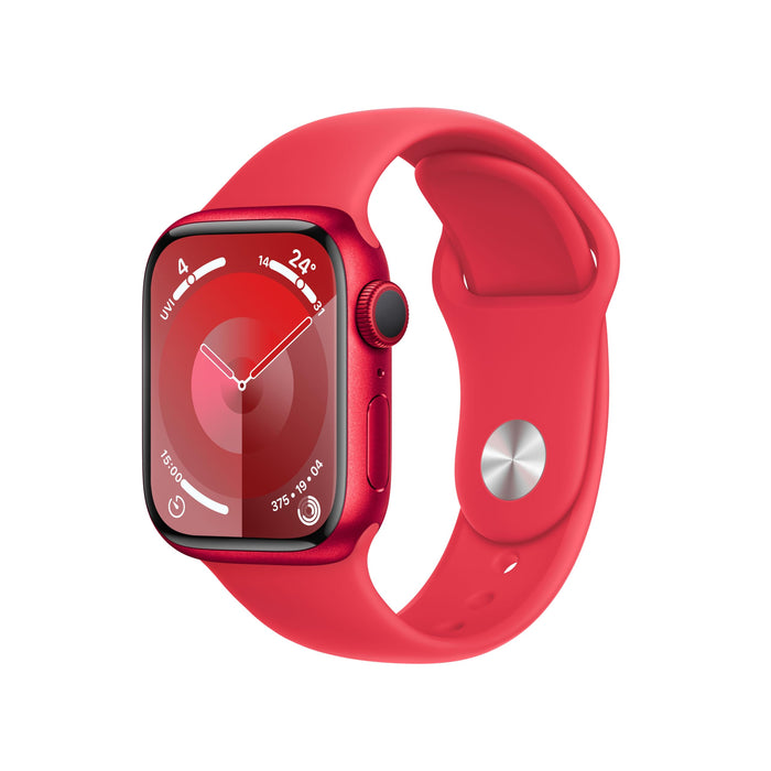 Apple Watch Series 9 (GPS) - (PRODUCT) RED - 41 mm - red aluminium - smart watch with sport band - fluoroelastomer - red - band size: S/M - 64 GB - Wi-Fi, UWB, Bluetooth - 31.9 g