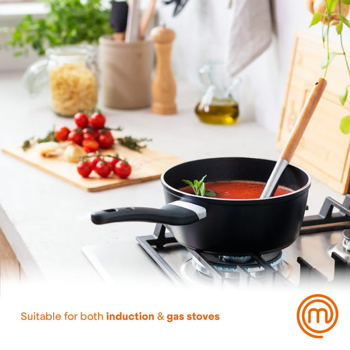 MasterChef Sauce Pan Forged Aluminium Black, Non-Stick Coating Silver 16 cm