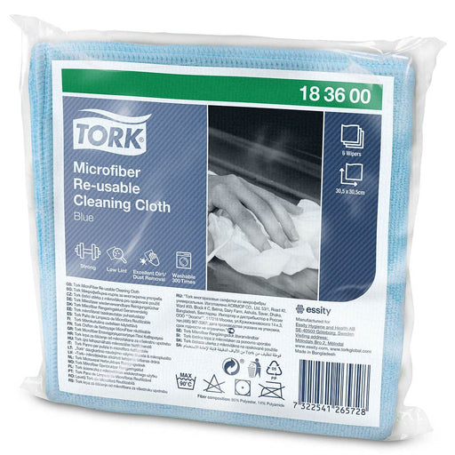 Tork Microfiber Reusable Cleaning Cloth 183600 Blue Dry and Wet Use Pack of 6