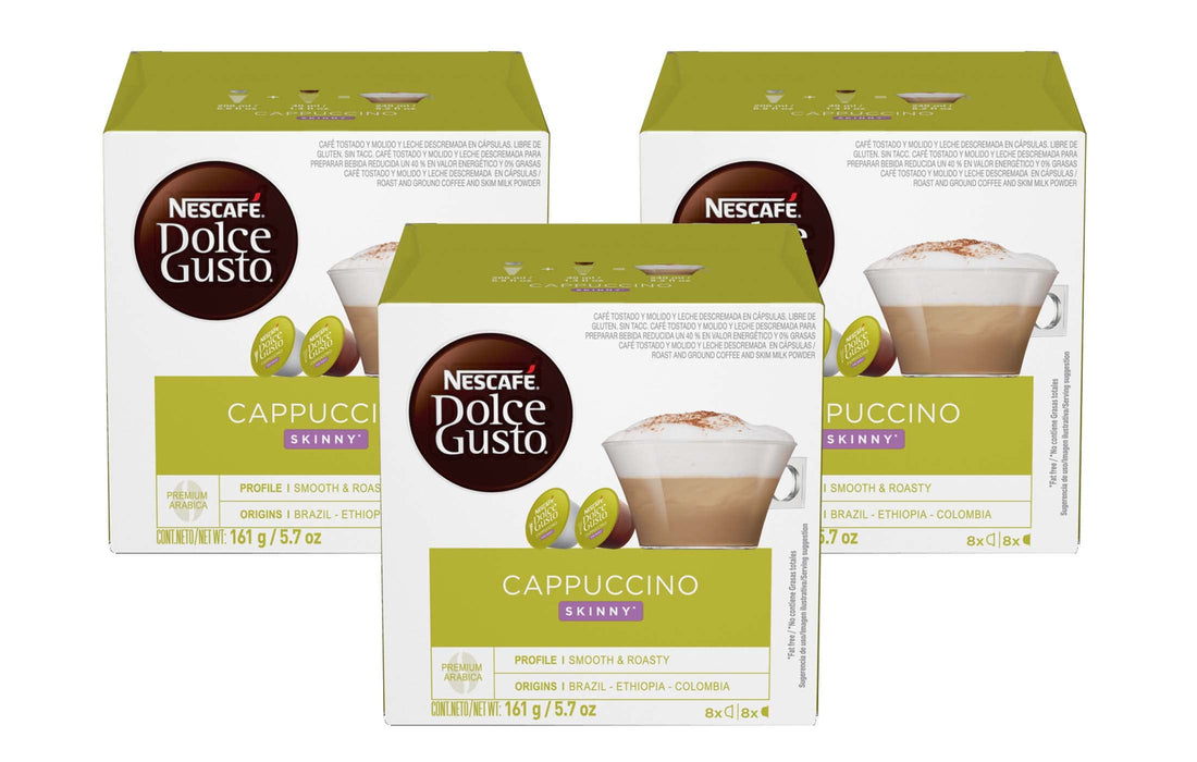 Nescafé Dolce Gusto Skinny Light Caffeinated Ground Coffee Pods Box Cappuccino 12.5 g Pack of 8 x Coffee + 8 x Milk Pods