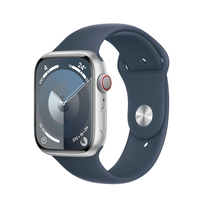 Apple Watch Series 9 (GPS + Cellular) - 45 mm - silver aluminium - smart watch with sport band - fluoroelastomer - storm blue - band size: S/M - 64 GB - Wi-Fi, LTE, UWB, Bluetooth - 4G - 39 g